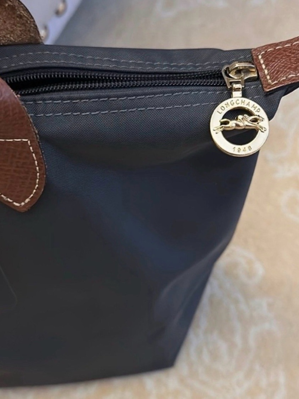 Longchamp off black Nylon Tote with Brown Leather Trim - Women Bags - Picture 2 of 2